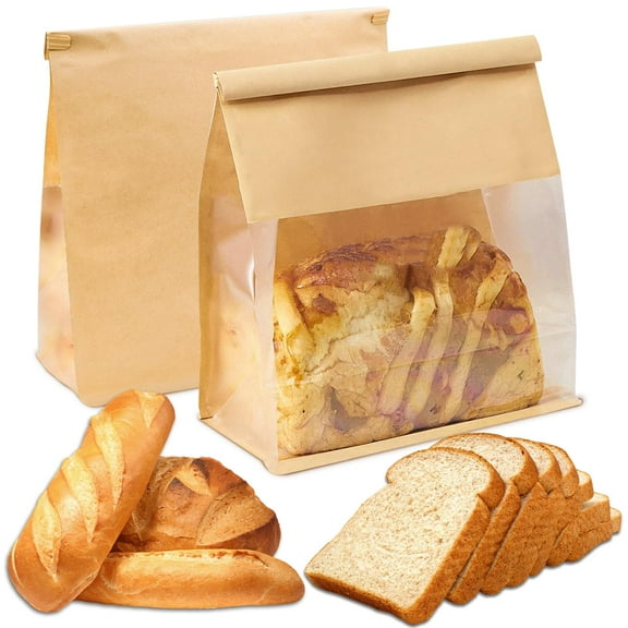 Trianu 20Pcs Kraft Paper Bread Bags with Tin Tie Tab Lock, Loaf Bag with Clear Front Window, Storage Packaging Treat Bag for Bakery Cafe Homemade Bread, Brown