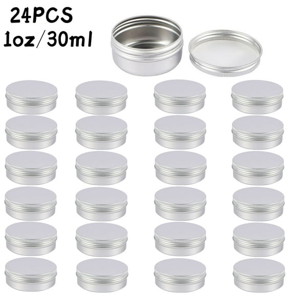Trianu 24 Pack Metal Tins 1 oz Aluminum Containers Screw Top Silver Round Tin Cans with Lids and Labels for Cosmetic Lip Balm DIY Salves Candles Wax