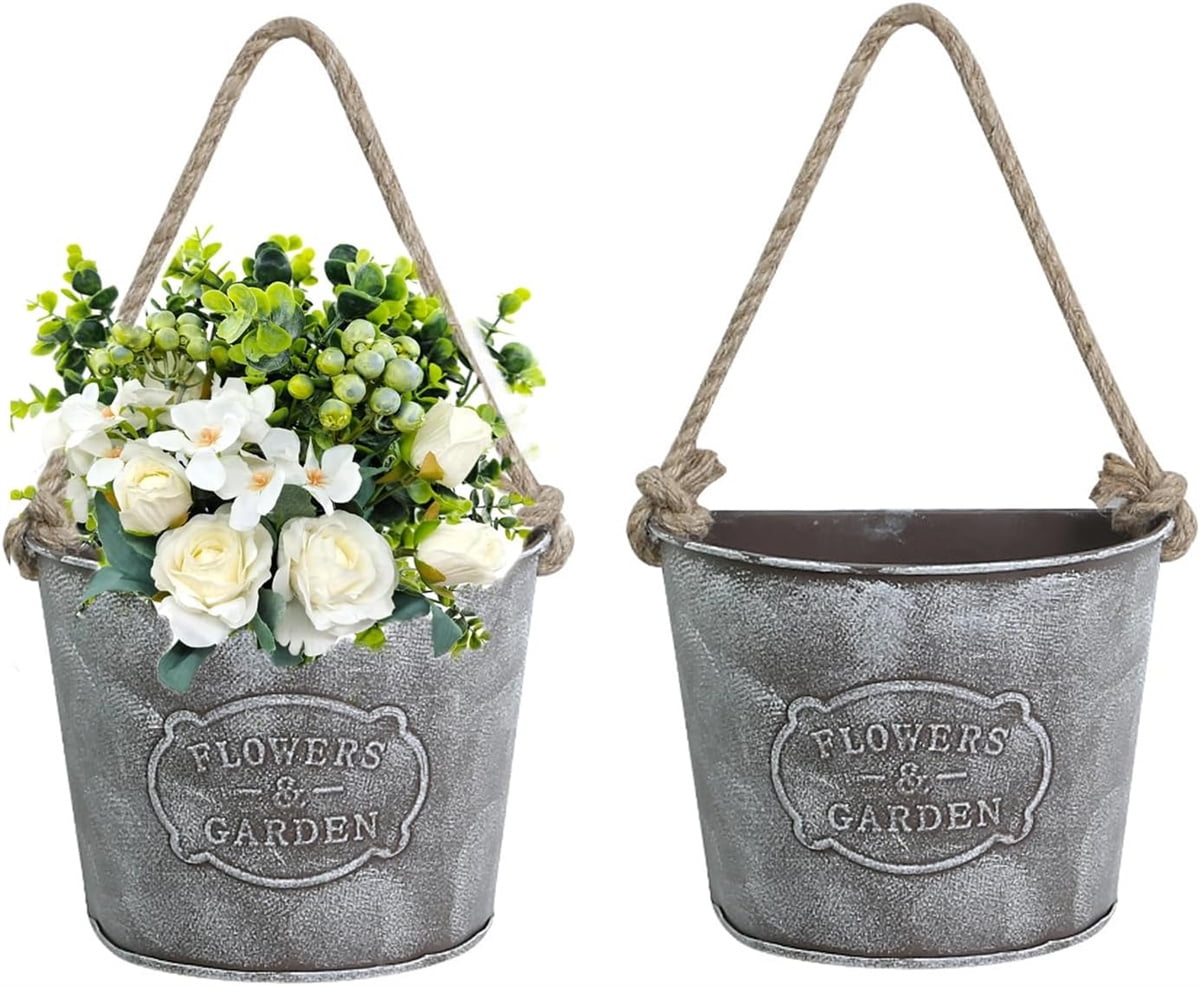 Trianu 2Pcs Galvanized Hanging Wall Planter, Rustic Metal Wall Flower Vase Hanging Plant Holder for Succulents Herbs Country Home Farmhouse Wall Decoration