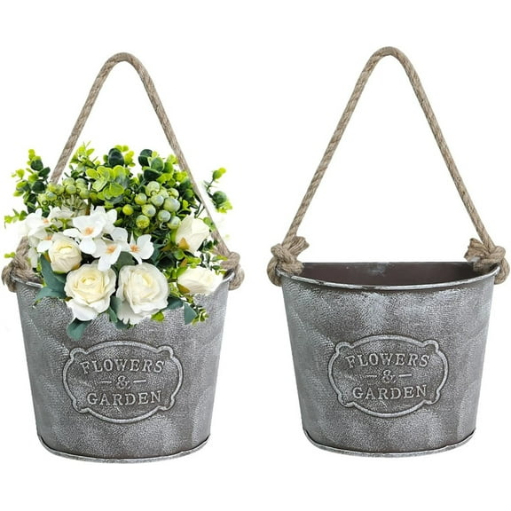 Trianu 2Pcs Galvanized Hanging Wall Planter, Rustic Metal Wall Flower Vase Hanging Plant Holder for Succulents Herbs Country Home Farmhouse Wall Decoration