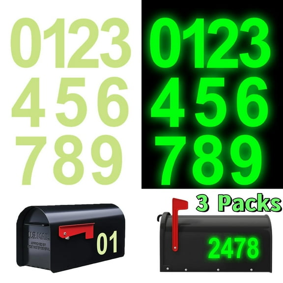 Trianu 3 Sheets Glow-in-Dark Mailbox Number Stickers, 2.4" Waterproof Number Signs for Signs, Door, Cars, Trucks, Home, Business, Address