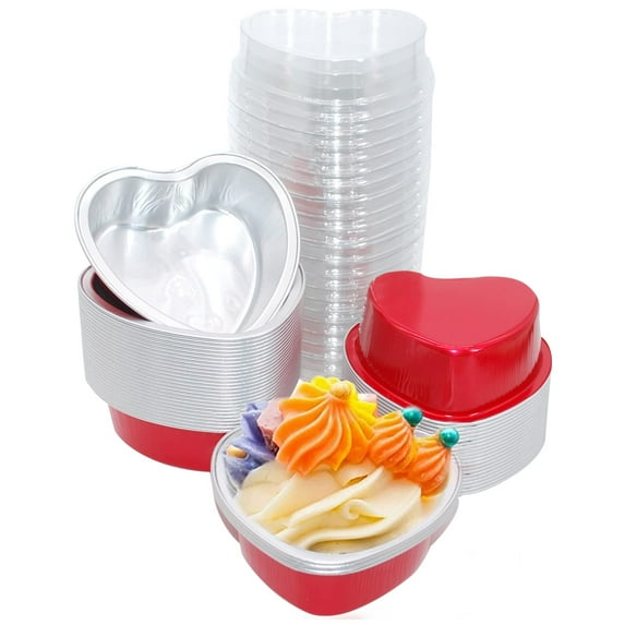 Trianu 30 Pcs Heart Shaped Cake Pans with Lids, Aluminum Mini Cake Pans, 3.4 oz/ 100ml Foil Disposable Flan Pan Cupcake Tins Baking Pan for Valentine's Mother's Day Party (Red)