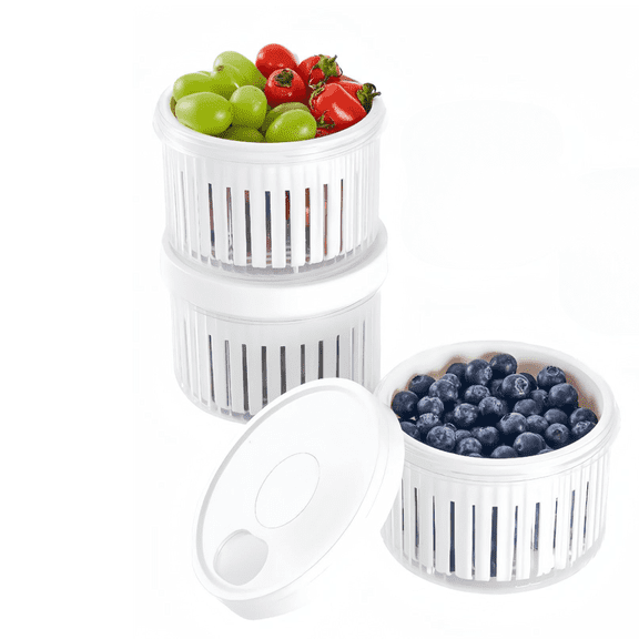 Trianu 3Pcs Berry Containers for Fridge, Plastic Berry Basket, Berry Storage Containers with Lid, Berry Keeper with Drain Colanders, Scallion Storage Box for Fruit Vegetables (White)