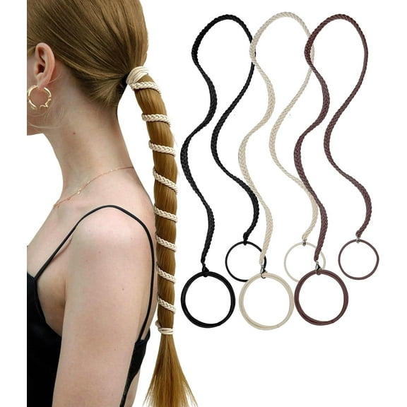 Trianu 3Pcs Spiral Hair Tie Sprots Ponytail Holders, 16inch Elastic Braided Hair Ties No Damage, Pony Tail Wrap for Long Hair for Gym, Swimming, Diving (Black Beige Brown)