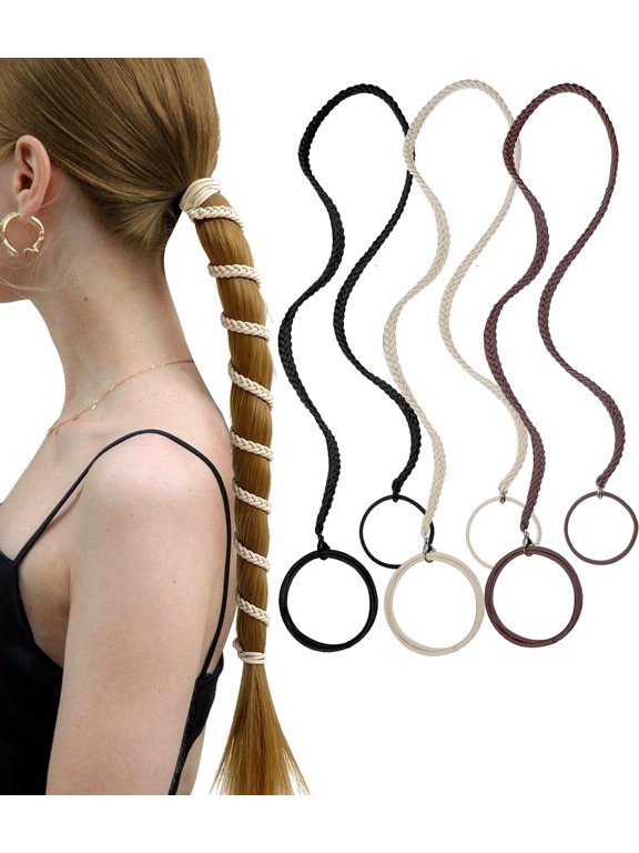 3Pcs Spiral Hair Tie Sprots Ponytail Holders, 16inch Elastic Braided Hair Ties No Damage, Pony Tail Wrap for Long Hair for Gym, Swimming, Diving (Black Beige Brown)