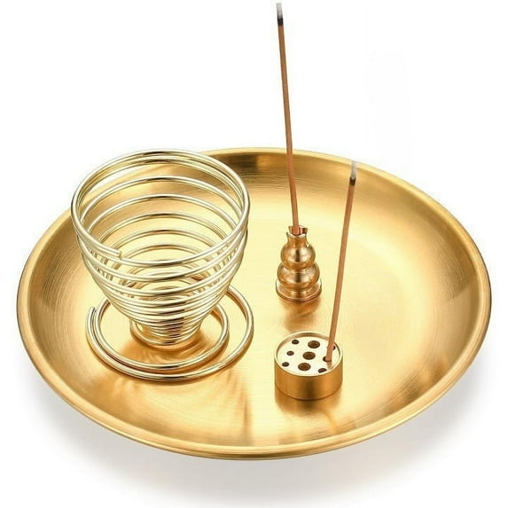 Trianu 4 in 1 Incense Burner, Palo Santo Holder, Sage Holder, Incense Holder for Incense Sticks/Coil Incense/Incense Cones, Brass Ash Catcher for Meditation Yoga Room, 5.5 inches