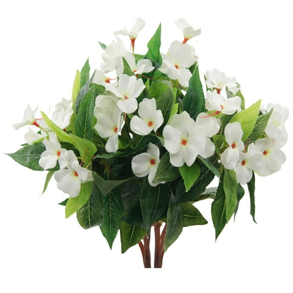 Trianu 4 Bundles Artificial Impatiens Bushes Silk Flowers Greenery Indoor Garden Light Office Wedding Decor (15.74inch, White)
