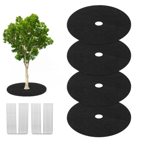 Trianu 4 Pack Non-Woven Tree Mulch Ring, 24.4in Mulch Ring Tree Protector Mat with 16Pcs Garden Stakes, Reusable Weed Barrier Fabric for Weed Control Root Protection, Black