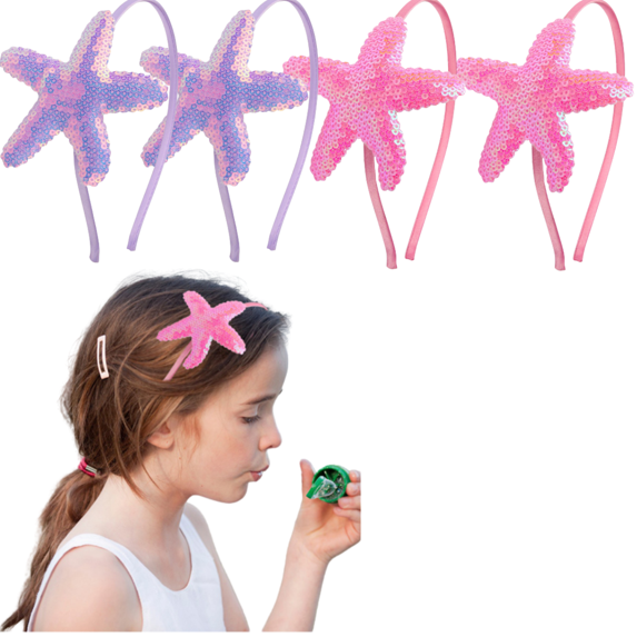 Trianu 4 Pcs Star Headband Laser Star Glitter Hair Band Starfish Sequin Hair Accessories Girls Women Birthday Seaside Pool Party, Purple & Pink