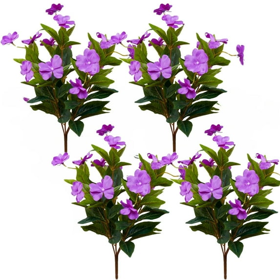 Trianu 4Pcs Artificial Flowers for Outdoors, 15.74" Faux Silk Impatiens Flowers for Outside, Artificial Impatiens Flowers Lawn Garden Home Wedding Decoration (Purple)
