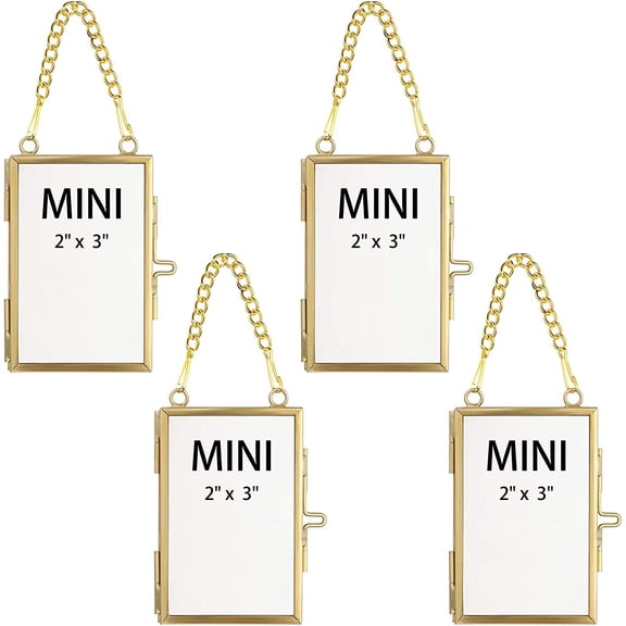 Trianu 4Pcs Pressed Flower Glass Picture Frames 2 x 3inch Golden Hanging Double Glass Frame Gold Floating Photo Frame Clear Vertical Frames with Chain for Gallery Vintage Artwork Display