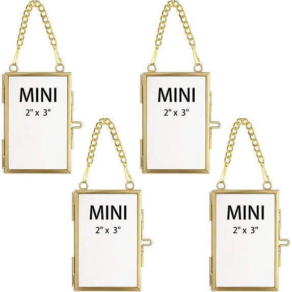 Trianu 4Pcs Pressed Flower Glass Picture Frames 2 x 3inch Golden Hanging Double Glass Frame Gold Floating Photo Frame Clear Vertical Frames with Chain for Gallery Vintage Artwork Display