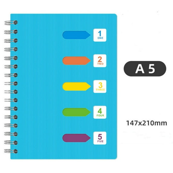 Trianu 5 Subject Spiral Notebook with Divider Tabs, 120 Pages A5 Wide Ruled 5.5" × 8.2" Hardcover Tabbed Notebook Journal, Blue