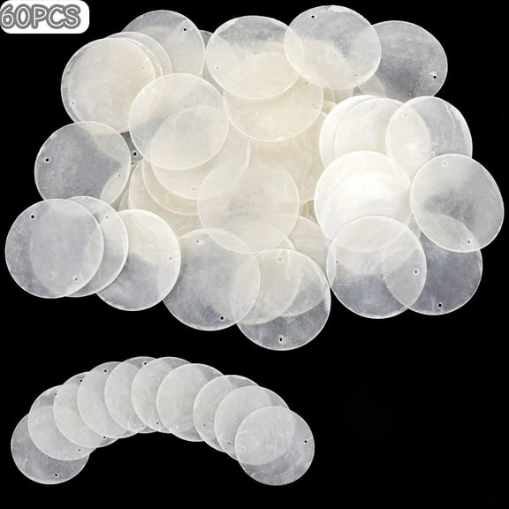 Trianu 60Pcs Round Capiz Shells, 2inch Capiz Shells with 2 Holes, Blank Shell Pendants for Wedding Home Decor Birthday Party DIY Craft Hanging