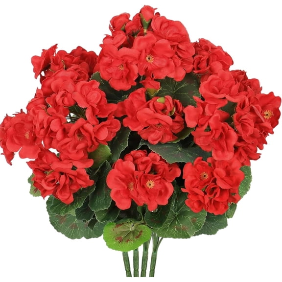 Trianu 6Pcs Artificial Geranium Flowers, 14" Realistic Artificial Flowers UV Resistant Silk Faux Geraniums for Garden Planter Windowsills Patios Wedding Outdoor Home Decor, Red