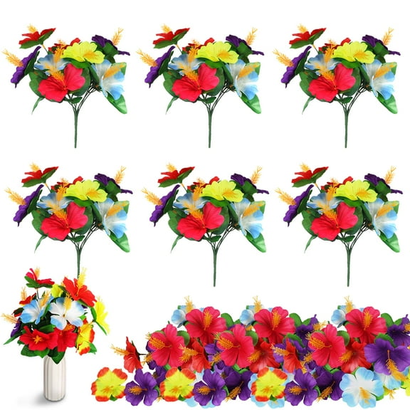 Trianu 6Pcs Hawaiian Flower Bouquet Colorful Hibiscus Flowers 7.87" Artificial Flowers Fake Tropical Flowers for Hawaiian Themed Party Favors Home Wedding Garden Decoration Supplies