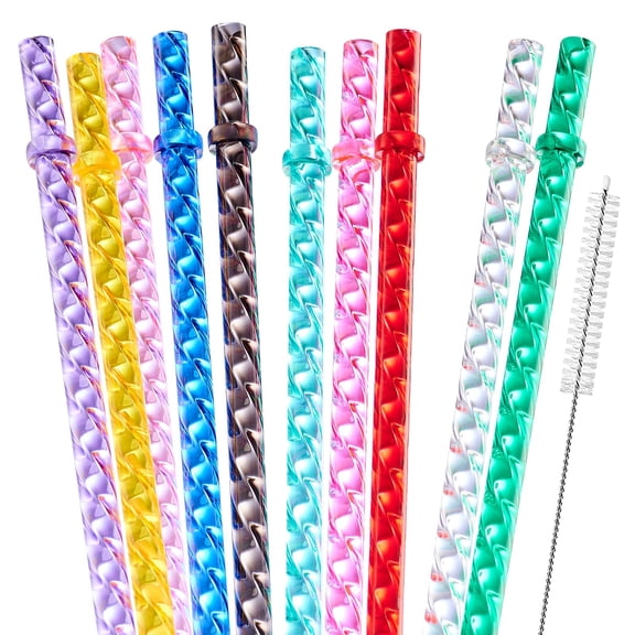 Trianu 8 Pcs Swirl Straws for Tumbler, 11in Reusable Plastic Shiny Crystal Tumbler Replacement Drinking Straws With Cleaning Brush, Multicoor