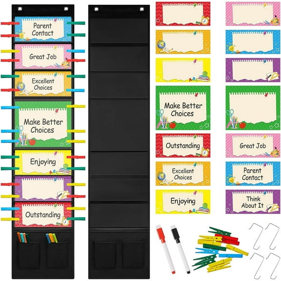 Trianu Behavior Clip Chart for Classroom Management Set Behavior Chart for Kid Reward Pocket Chart Behavior Bulletin Board Teacher Supplies Student Good Behavior for Preschool Kindergarten, Black