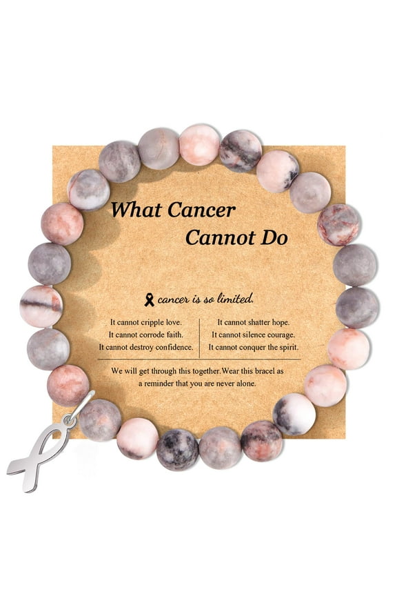 Breast Cancer Bracelets Natural Stone Bead Ribbon Inspirational Awareness Bracelets Encouragement Handmade Gifts for Women and Girls (Pink Zebra)