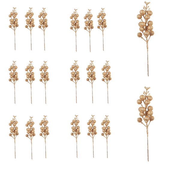 Trianu Christmas Glitter Berries Stems, 20 Pcs Champagne Artificial Christmas Picks for Christmas Tree Ornaments, DIY Xmas Wreath, Crafts, Holiday and Home Decor