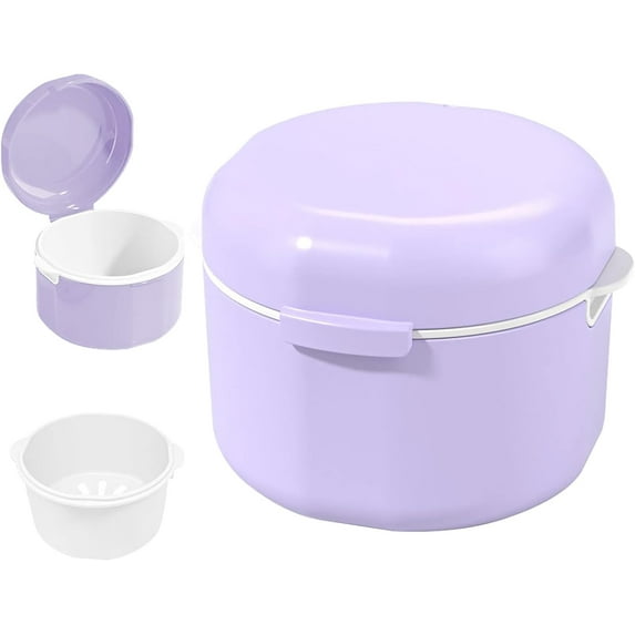 Trianu Denture Cup, Retainer Case, Cute Night Mouth Guard Box Holder, Storage Soak Container with Strainer basket for Travel Cleaning, Purple