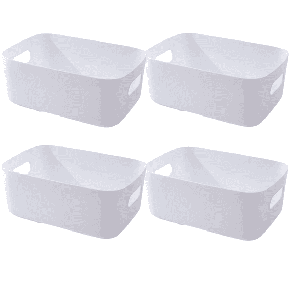 Trianu Desktop Storage Box, 4 Pack Plastic Storage Bin with Cutout Handles, Household Socks Cosmetics Storage Basket for Bathroom, Kitchen, Countertop, Cabinet, 9.64*6.3*3.93 in, White