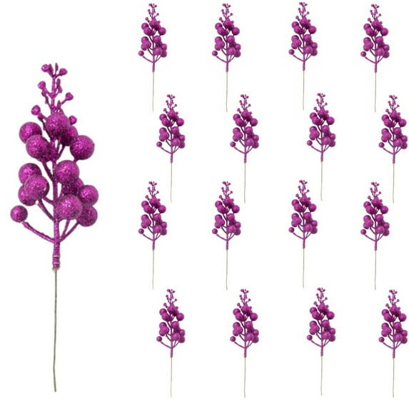 Trianu Glitter Berries Stems, 20Pcs Artificial Berries Picks for Christmas Tree Ornaments, DIY Xmas Wreath, Crafts, Holiday and Home Decor(7.87in, Purple)