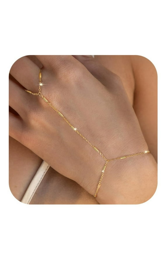 Gold Hand Chain Bracelets for Women, 14K Gold Plated Hand Chain Dainty Finger Ring Bracelet Gold Jewelry Gifts for Her, Style 1