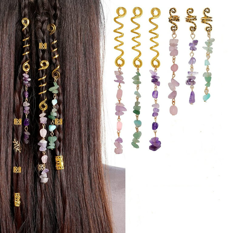 Trianu Hair Jewelry for Braids, 6Pcs Natural Colored Crystal Stone Hair  Braid Accessories Metal Hair Charms Gold Dreadlock Hair Spirals Cuffs Rings