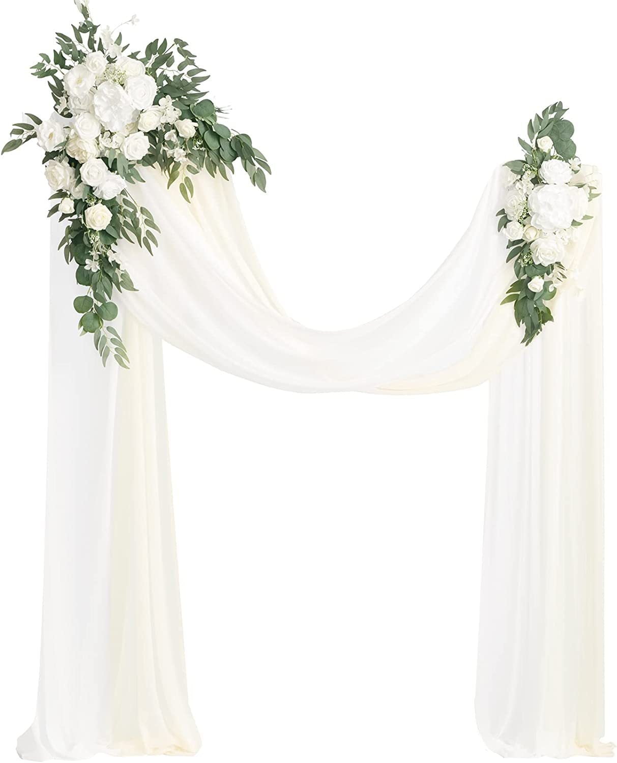 Trianu Hanging Wedding Arch Flowers Kit Includes 2 Pcs Artificial Flower Arrangement 2 Pcs Drapes for Ceremony Arbor Backdrop Floral Decor, White