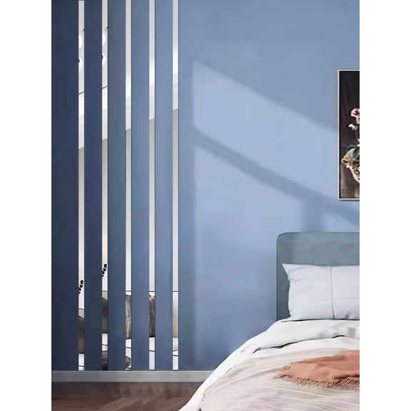 Trianu Mirror Tiles, 16.4ft x 0.8in Mirror Tiles Self Adhesive Stripe Wall Mirror Stickers Removable Long Acrylic Frameless Mirror Sheets for Home Living Room Bedroom DIY Decor, Silver