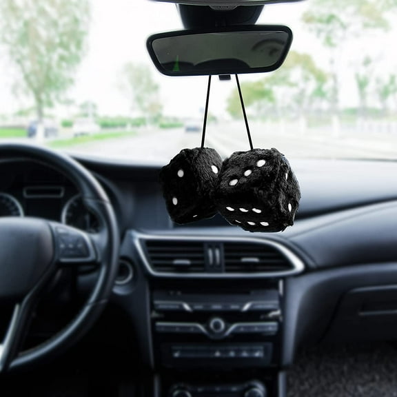 Trianu Pair of Retro Square Mirror Hanging Couple Fuzzy Plush Dice with Dots for Car Decoration, Black