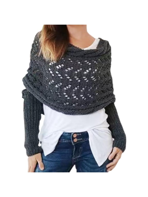 Scarf with Sleeves for Women, Knitted Cable Wrap, Multifunctional Knitted Crochet Shrugs, Double Sleeve Scarf Wrap, Dark Grey