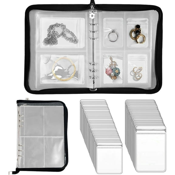 Trianu Travel Jewelry Organizer Transparent Jewelry Storage Book Set with Anti-oxidation Pocket Traveling Necklace Earring Organizer for Ring, Bracelets, Postcard (Black)