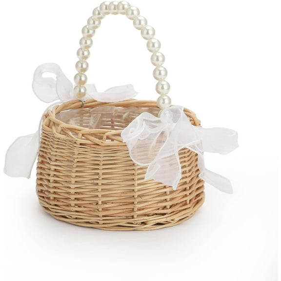 Trianu Wicker Rattan Flower Girl Basket, Wedding Flower Baskets, Flower Girl Basket with Pearl Handle, Cute Bow Fairy Wicker Basket, Easter Basket for Home Decor