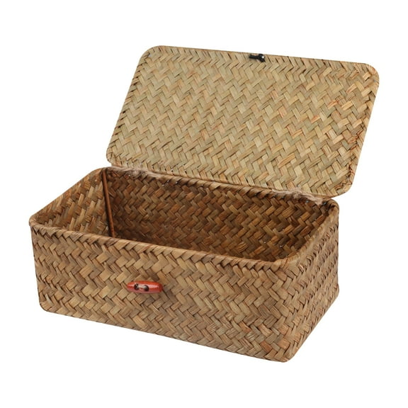 Trianu Wicker Shelf Baskets with Lid, Handwoven Seagrass Basket for Storage Basket Bins Rectangular Storage Organizer Gift Boxes, Natural Small