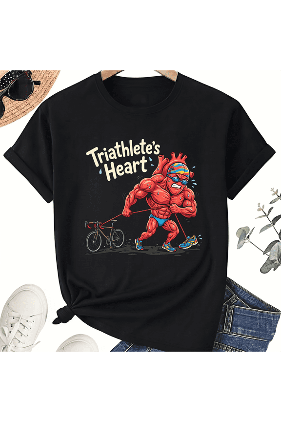 Triathletes Heart Athletic Slogan Graphic Tee Cute Cardio Swim Bike Run Unisex Short Sleeve Crew Neck T-shirt Black