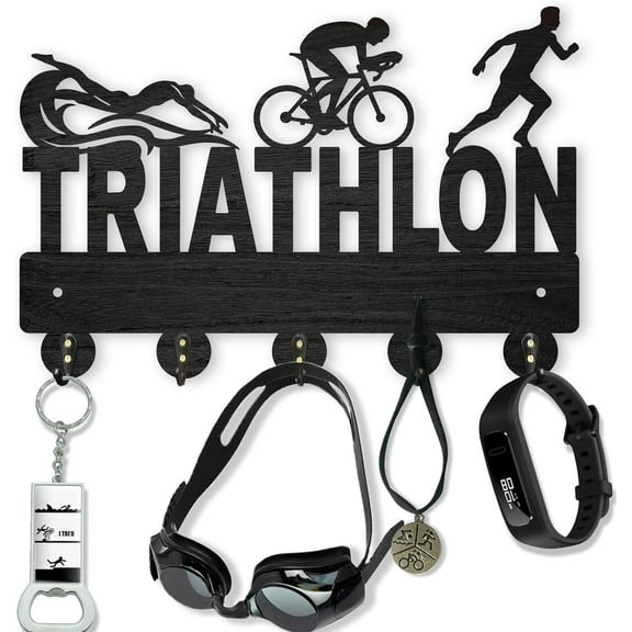 Triathlon Coat Hooks Wall Mounted 11.88inch Key Holder Hooks Wood Wall Coat Rack 5 Metal Hooks Hook Rack Rail for Art Decor Gift Sports Hat Medals Swimming Goggles Wall Hanger Black
