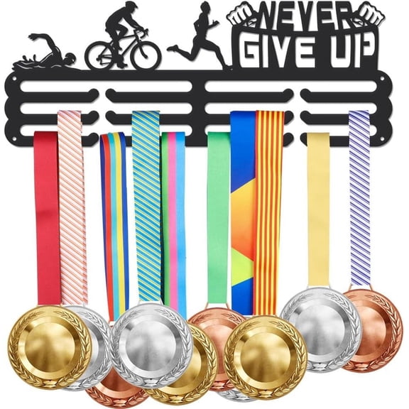 Triathlon Medal Hanger Display Run Swim Bike Sports Medal Holder Hanging Race Metal Awards Rack Ribbon Display Organizer Wall Mount Decor for Triathlete Runner Never Give Up Black