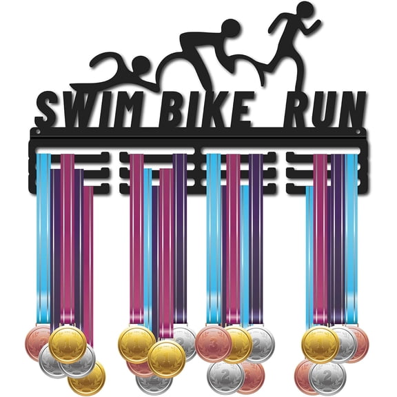 Triathlon Medal Hanger Display Sports Medal Holder Metal Competition Wall Hanging Rack Frame Hook Display Swim Bike Run for Home Badge 3 Lines Over 60 Medals Runner Swimmer Athlete Gift for diy