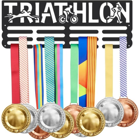 Triathlon Medal Hanger Holder Display Run Bike Swim TRL Sports Medals Display Rack for 60+ Medals Wall Mount Ribbon Display Holder Rack Hanger Decor Iron Hooks Gifts for Kids
