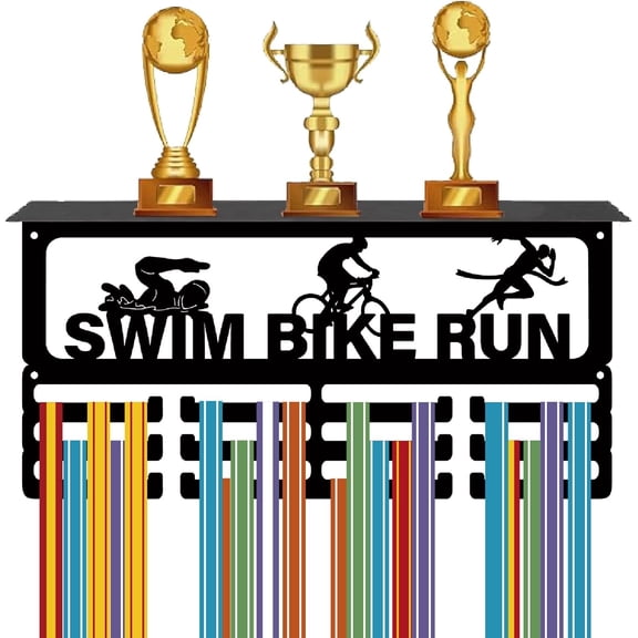 Triathlon Medal Hanger Trophy Award Shelf Display with 12 Hooks Swim Bike Running Metal Medal Rack for Wall Mount Hanging 60+ Awards Ribbons Holder for Swimming Bicycle Runners 15.7x8x4in