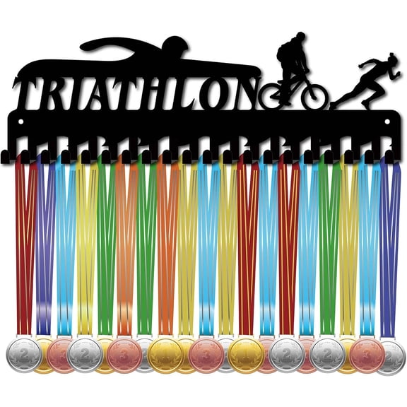 Triathlon Medal Holder Competition Medal Hanger Display Rack Swim Bike Run Sports Hanging Athlete Awards Iron Wall Mount Decor with 20 Hooks for Badge Runner Swimmer Medalist 15.7x5.1Inch Black DIY