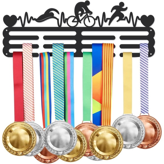 Triathlon Medal Holder Display Hanger for Heartbeat Black Steel Metal Wall Mounted Hooks Medal Rack Display Medal Hook Over 60 Medals Black