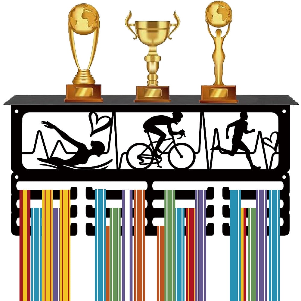 Triathlon Medal Holder Display with Shelf Trophy Wall Hanger Black Metal Iron Swimming Running Cycling Award Rack