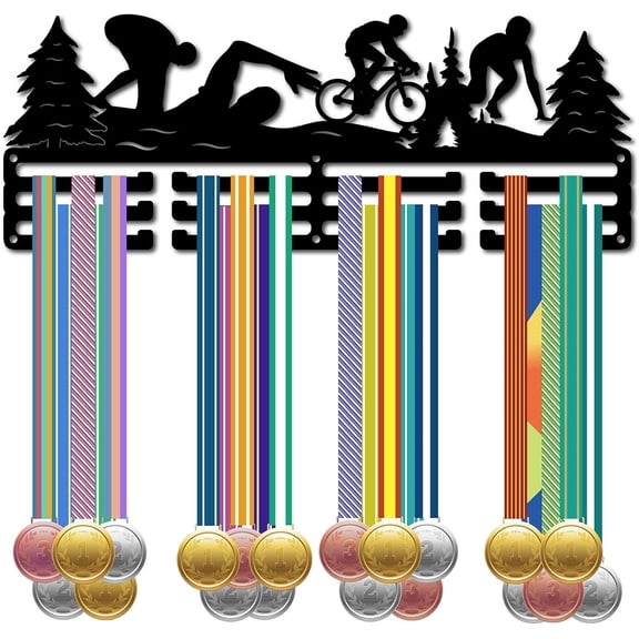 Triathlon Medal Holder Hanger Swim Bike Run Medal Display Rack Metal Iron Medal Organizer Stand Frame Hanging Over 60 Medals Mountain Wall Mounted Hanger for DIY Dancer Ballet Runner 15.7x6Inch