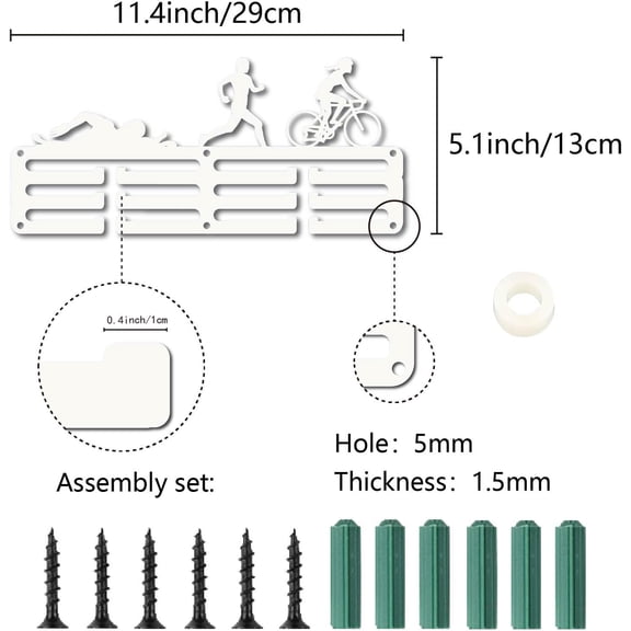 Triathlon Medal Holder Running Swimming Bike Riding Medal Awards Rack Display with 3 Lines Hanging Ribbons Organizer Small Hooks for Wall Hanging 40+ Medals Bicycle Runners White 11.4x5.1in