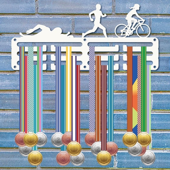 Triathlon Medal Holder Running Swimming Bike Riding Medal Awards Rack Display with 3 Lines Hanging Ribbons Organizer Small Hooks for Wall Hanging 40+ Medals Bicycle Runners White 11.4x5.1in White