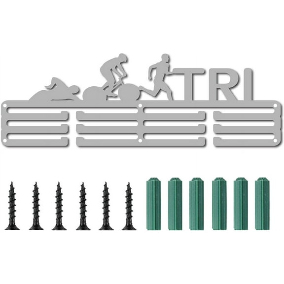 Triathlon Medal Holder Sport Swimming Bike Running Words Awards Display Stand Wall Rack Mount Hanger Decor for Champions 3 Rung Medalist Runner Gymnastics Over 60 Medals