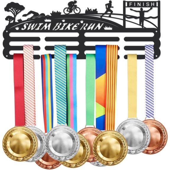 Triathlon Medal Holder Swim Bike Run Sprint Medals Display Black Iron Wall Mounted Hooks Hanging Medal Rack Display Competition Medal Holder Trophy Display Wall Hanging Over 60 Medals for DIY Sports